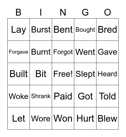 Irregular Verbs Bingo Card