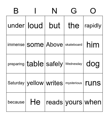 Word Class Bingo Card