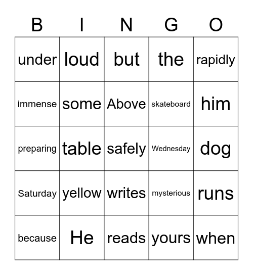 Word Class Bingo Card