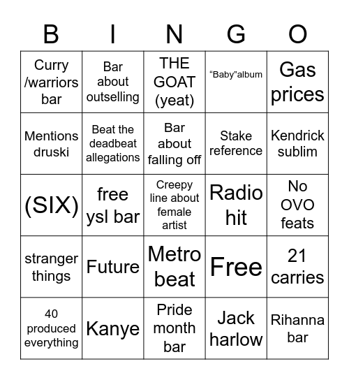 Drake album Bingo Card