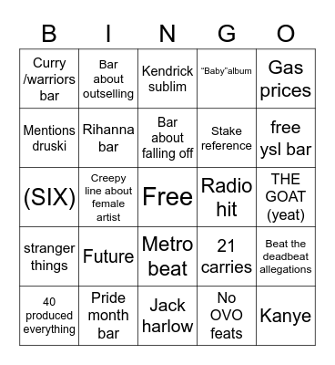 Drake album Bingo Card