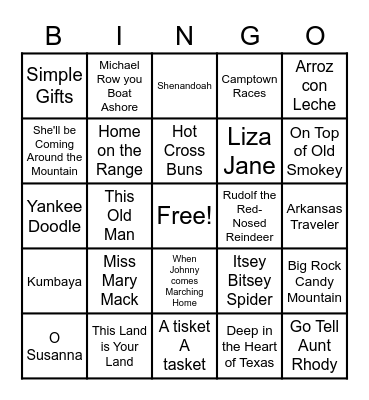 American Folk Song Bingo Card