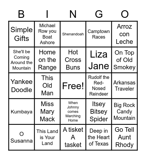 American Folk Song Bingo Card