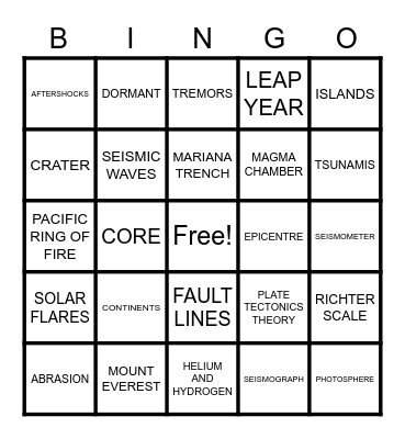 GRADE 6 SCIENCE BINGO Card