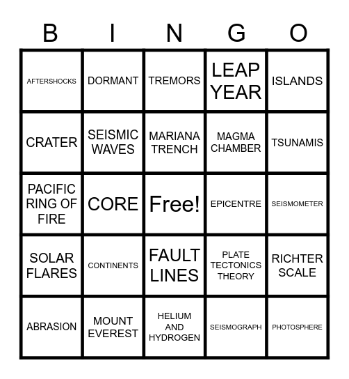 GRADE 6 SCIENCE BINGO Card