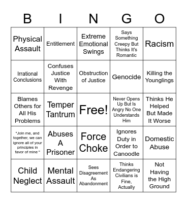 Fall of Anakin Bingo Card