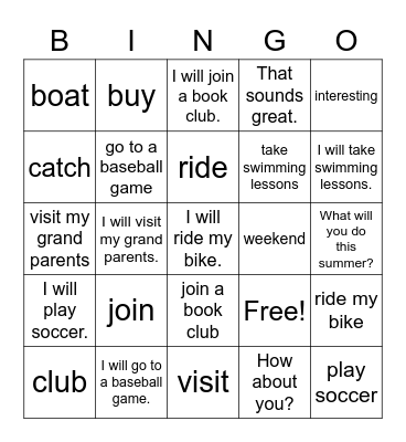 Lesson 7 - I Will Join A Book Club Bingo Card