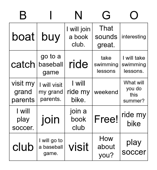 Lesson 7 - I Will Join A Book Club Bingo Card