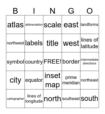 Map Vocabulary Bingo Card