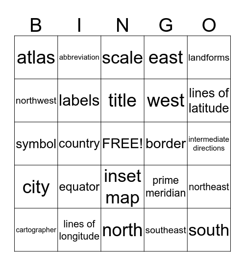 Map Vocabulary Bingo Card