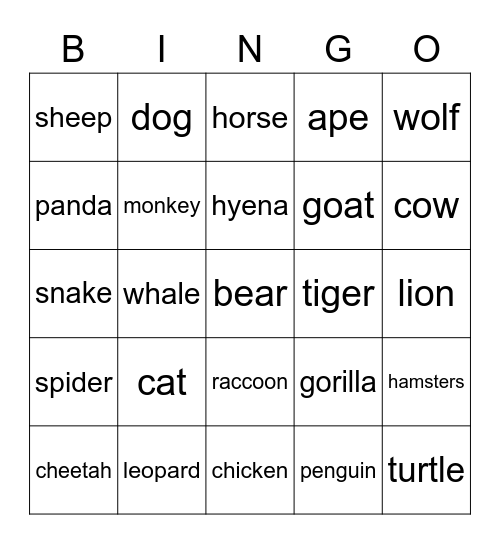 Animal Bingo Card