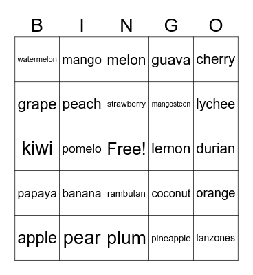 Fruits Bingo Card