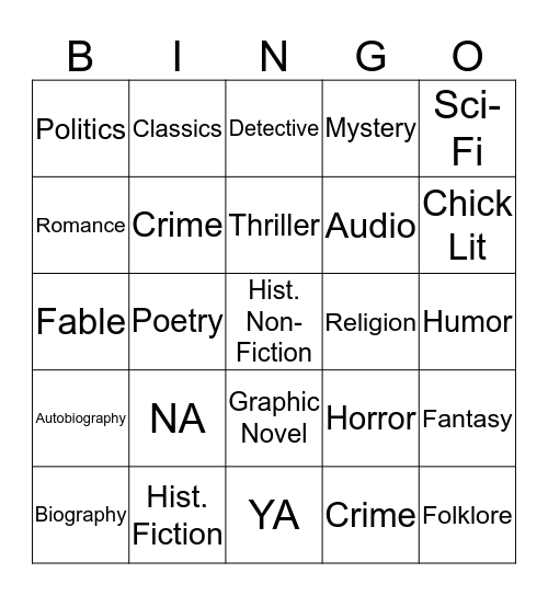 Mixed Genre Bingo Card