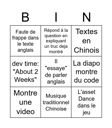 Le Chinois de base Bingo Card