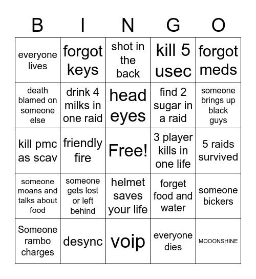 tarkov Bingo Card