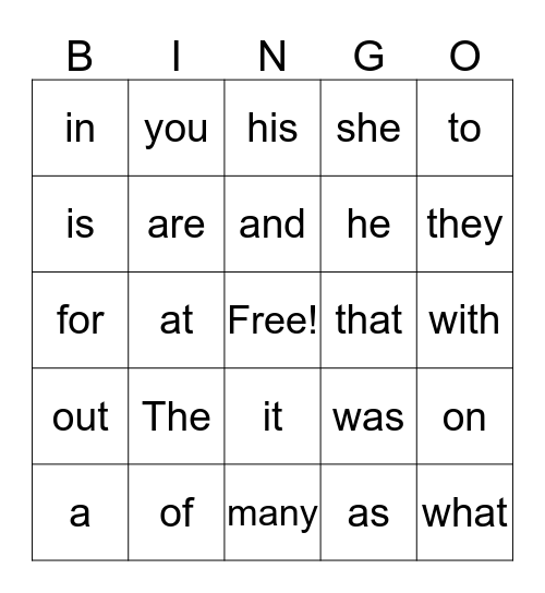 Sight Word/Spelling Words Bingo Card