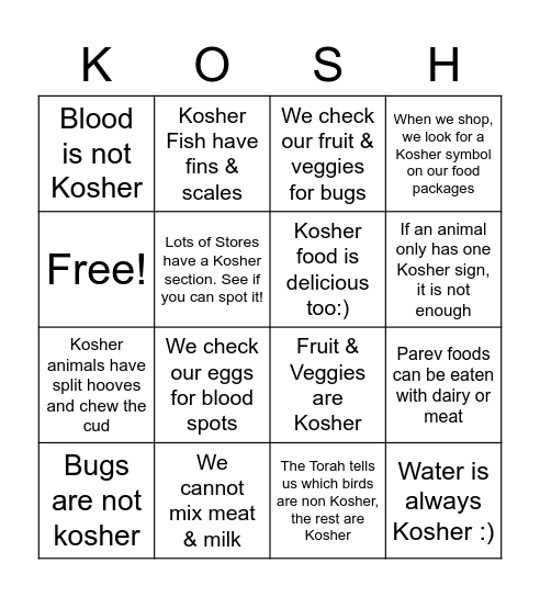 Kosher Facts Bingo Card