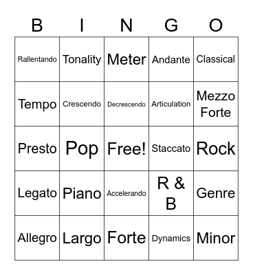 Musical Vocabulary Bingo Card