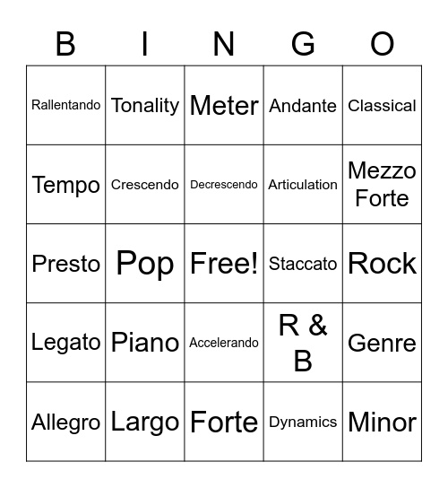 Musical Vocabulary Bingo Card