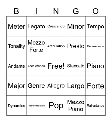 Musical Vocabulary Bingo Card