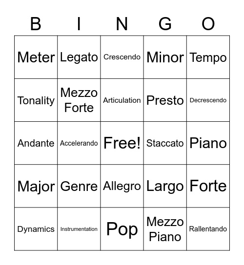 Musical Vocabulary Bingo Card