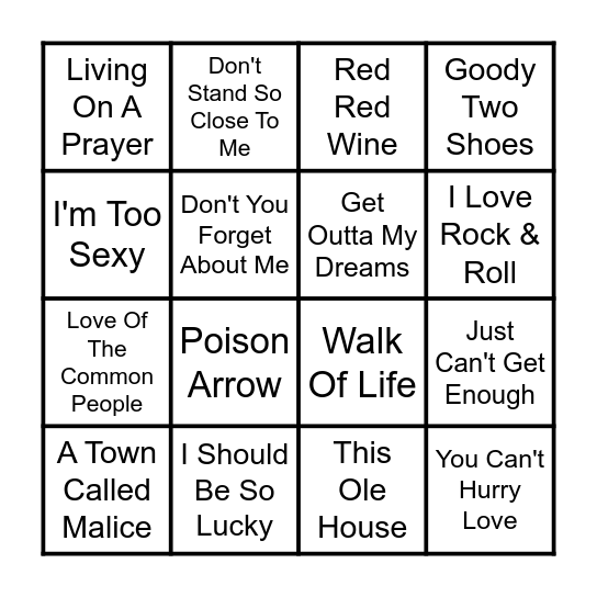 Back 2 The 80s Bingo Card