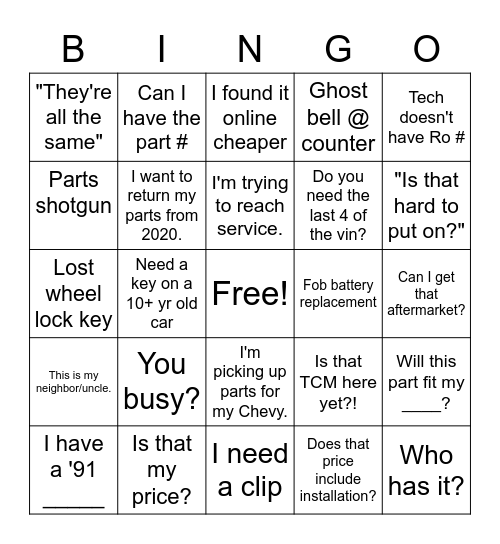 A DAY IN THE LIFE OF THE PARTS DEPT. Bingo Card