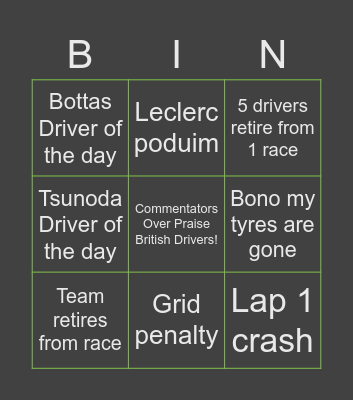 F1 Bingo Card