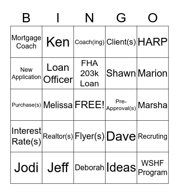 Purchase Money Bingo Card