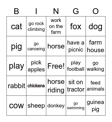 Farm and Activities U6 Bingo Card