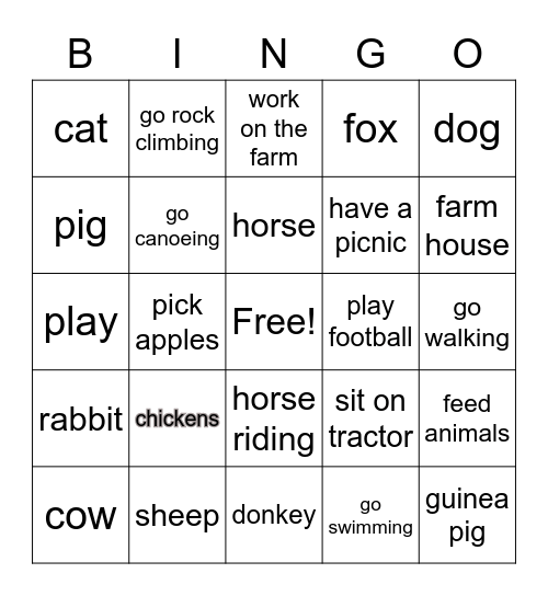 Farm and Activities U6 Bingo Card