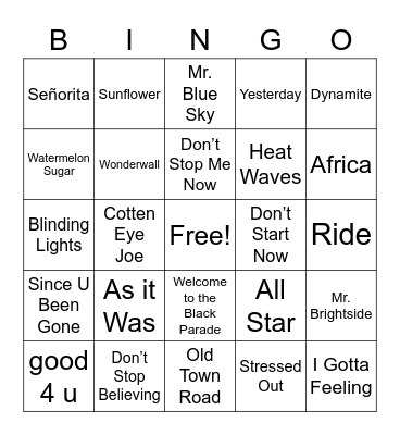 Musical Bingo Card