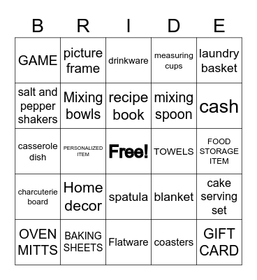 BRIDAL GIFT BINGO Card