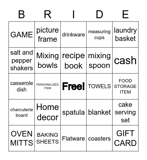 BRIDAL GIFT BINGO Card