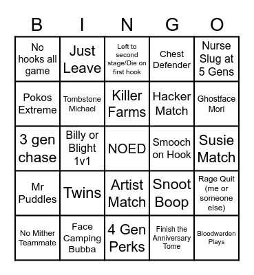 Dead By Daylight Bingo Card