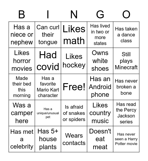 Orientation Bingo Card