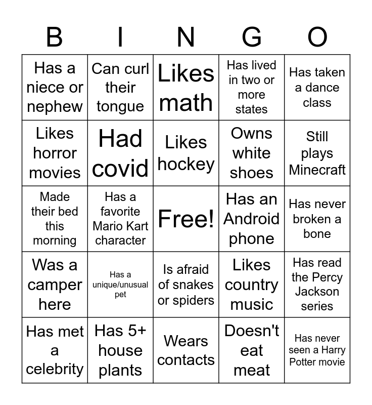 Orientation Bingo Card