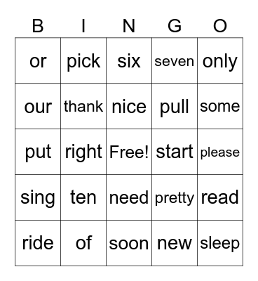 Sight Words Bingo Card