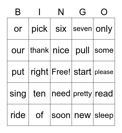 Sight Words Bingo Card
