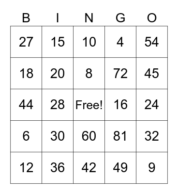 Multiplication BINGO!! Bingo Card