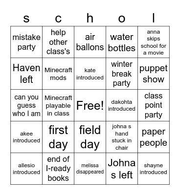 school flashback bingo Card