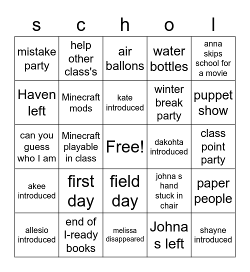 school flashback bingo Card