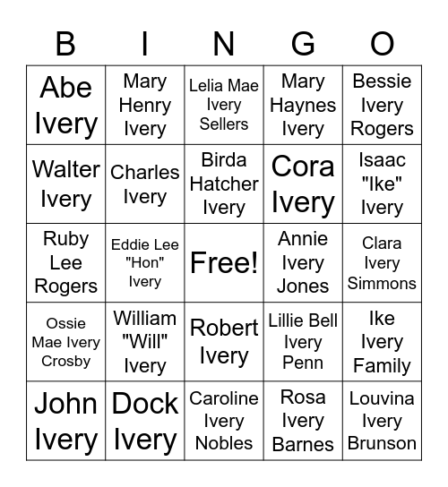 Ike Ivery Family Bingo Card