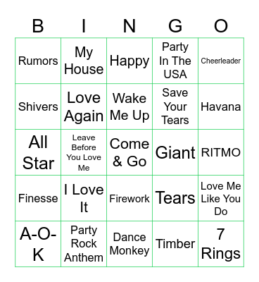 Kidz Bop Bingo Card