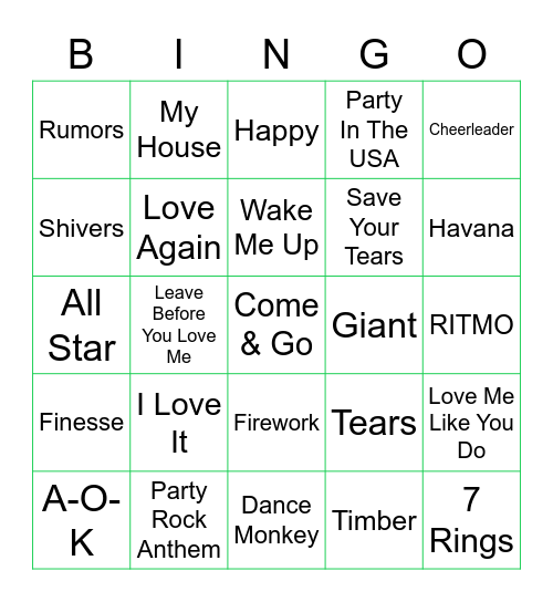 Kidz Bop Bingo Card