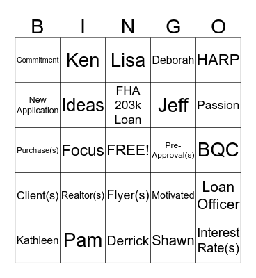 Purchase Money Bingo Card