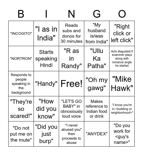 Scammer Payback Bingo Card