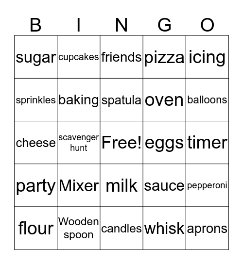 Dana's 10th Birthday Baking Party Bingo Card