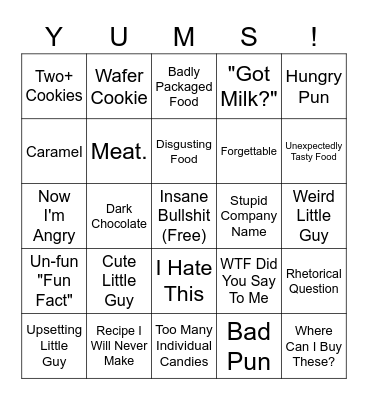 Universal Yums Bingo Card