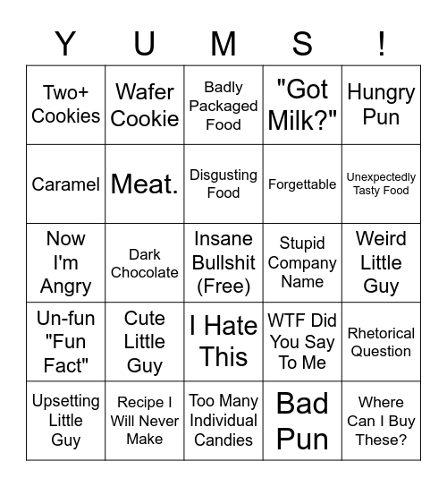 Universal Yums Bingo Card